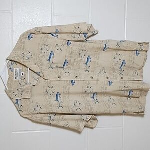 Columbia Textured 100% Silk Casual Side Vent Button Down Shirt Deep Sea Fish